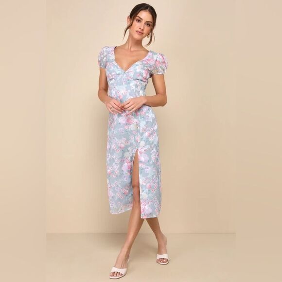 Lulus Dresses & Skirts - NEW LULUS Elegant Personality Slate Blue Floral Burnout Midi Dress Size S
